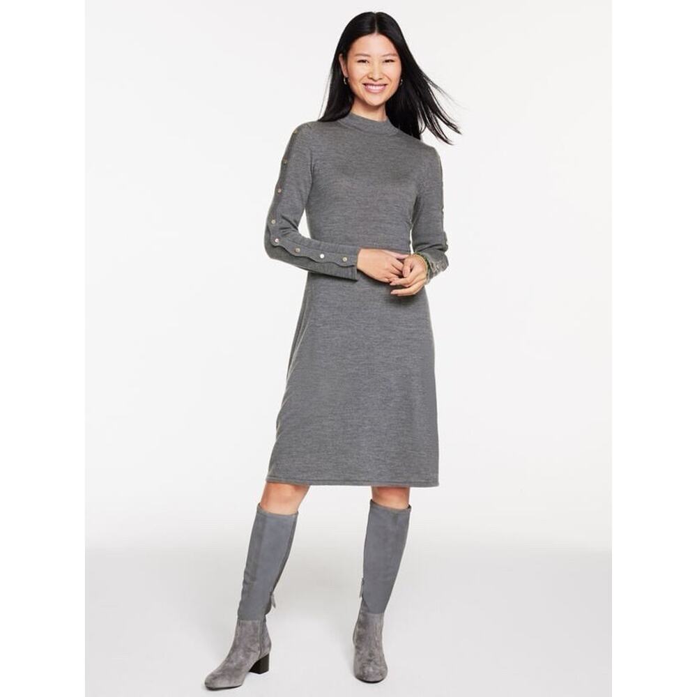 Talbots 100% Merino Wool Fit And Flare Gray Scallop Sweater Dress M